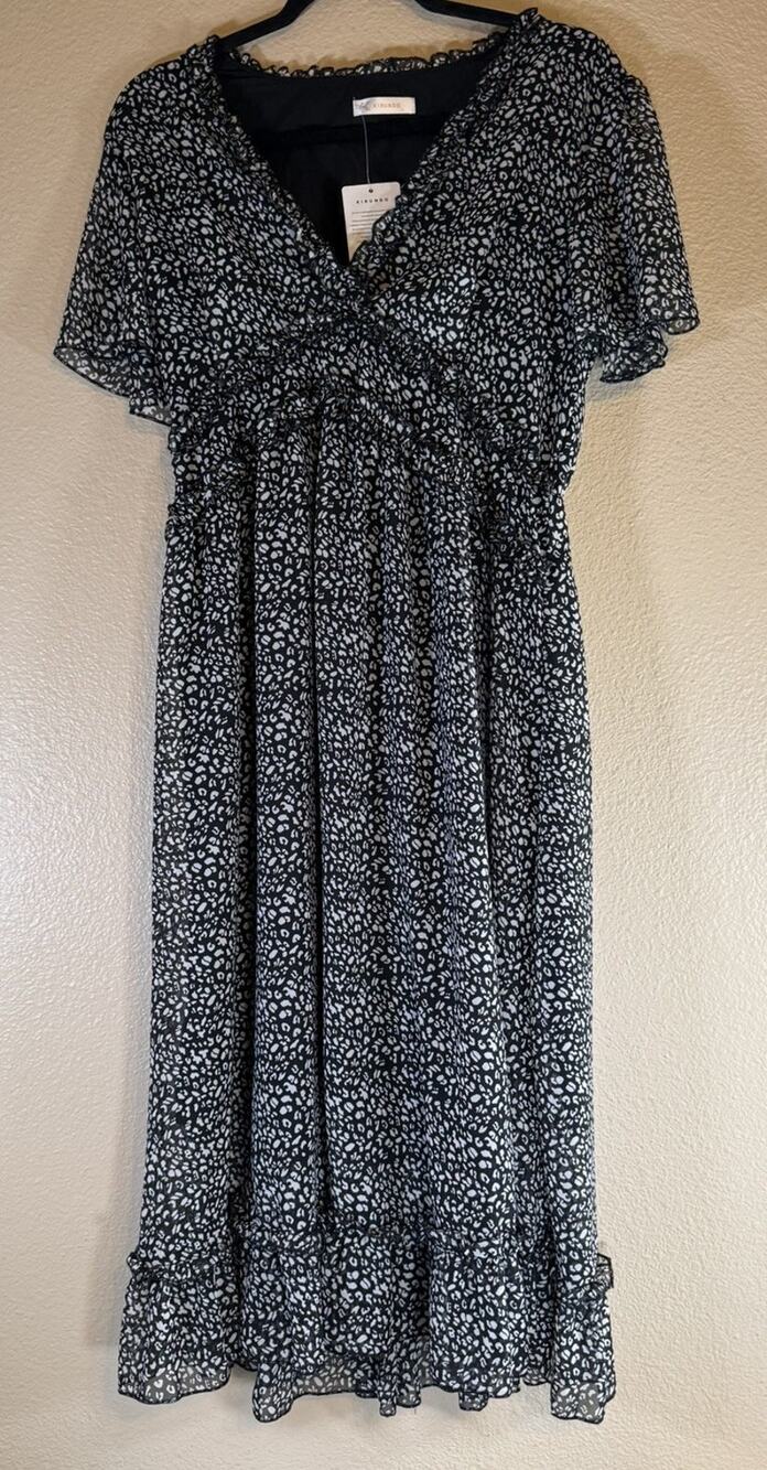 KIRUNDO Size XL Ruffle Midi Dress Black Leopard Print Short Sleeve V-Neck